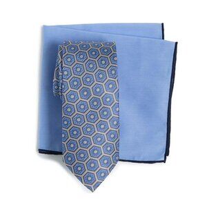 Hickey Freeman Mens Blue Yellow Silk Medallion Tie and Handkerchief Box Set New
